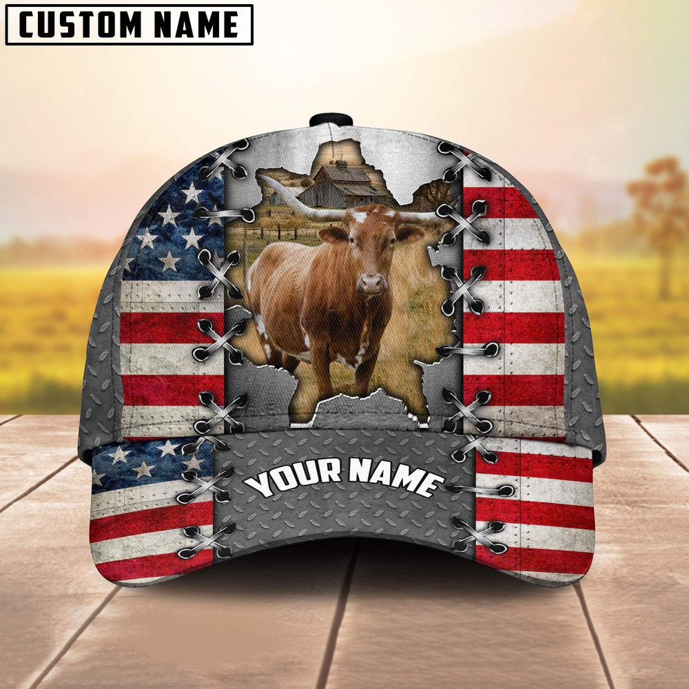 Texas Longhorn Customized Name US Flag Cap, Farmer Cap, Cap For Farmers, Best Farm Hat, Farm Use Hat