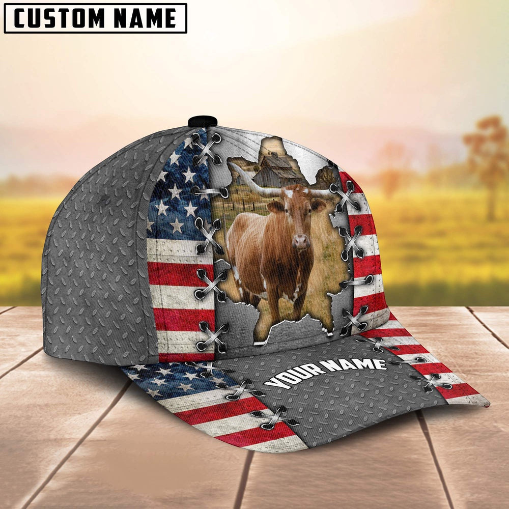 Texas Longhorn Customized Name US Flag Cap, Farmer Cap, Cap For Farmers, Best Farm Hat, Farm Use Hat