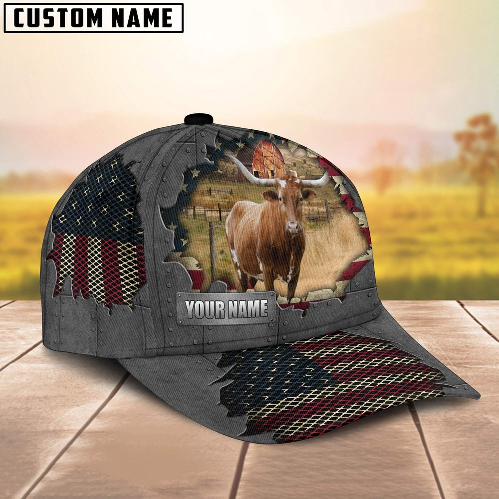Texas Longhorn Customized Name US Flag Net Cap, Farmer Cap, Cap For Farmers, Best Farm Hat, Farm Use Hat