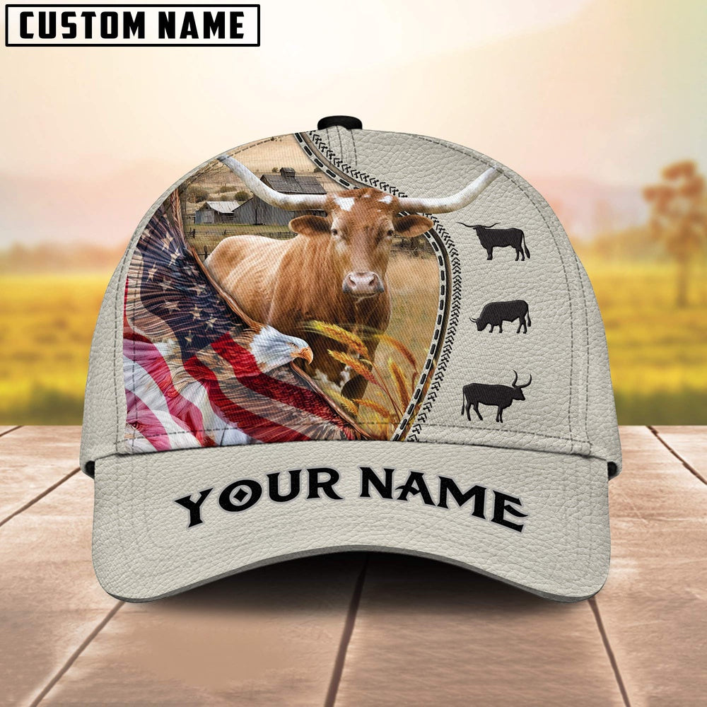 Texas Longhorn Eagle US Flag Leather Pattern Customized 3D Cap, Farmer Cap, Cap For Farmers, Best Farm Hat, Farm Use Hat