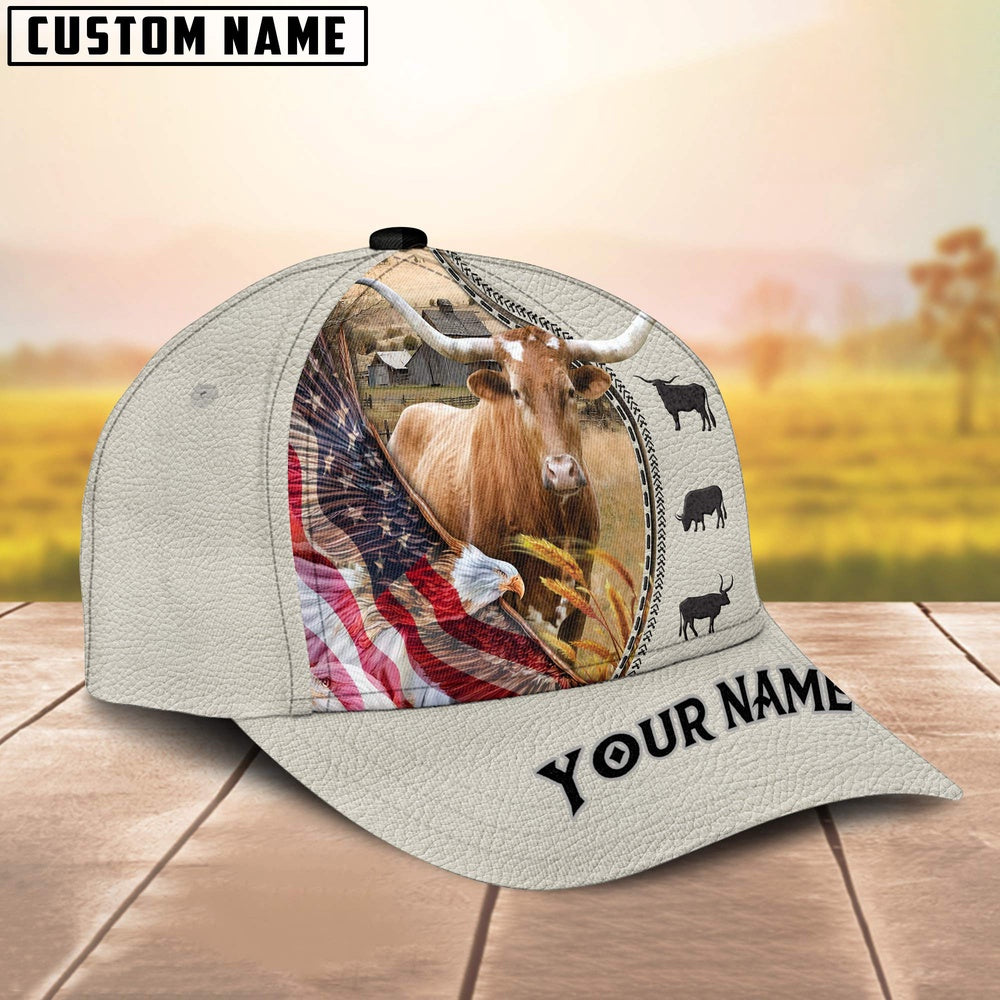 Texas Longhorn Eagle US Flag Leather Pattern Customized 3D Cap, Farmer Cap, Cap For Farmers, Best Farm Hat, Farm Use Hat