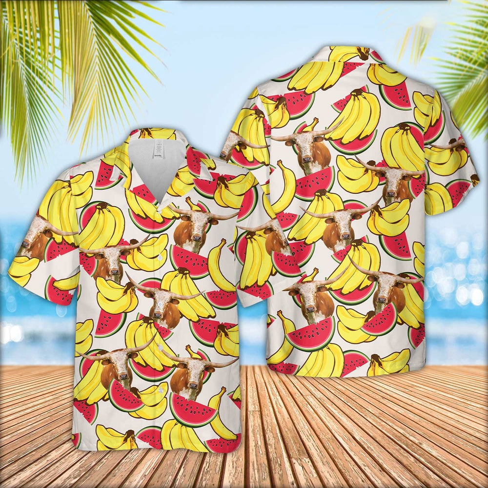 Texas Longhorn Face Fruit Pattern Hawaiian Shirt, Farm Hawaiian Shirt, Farmer Hawaii