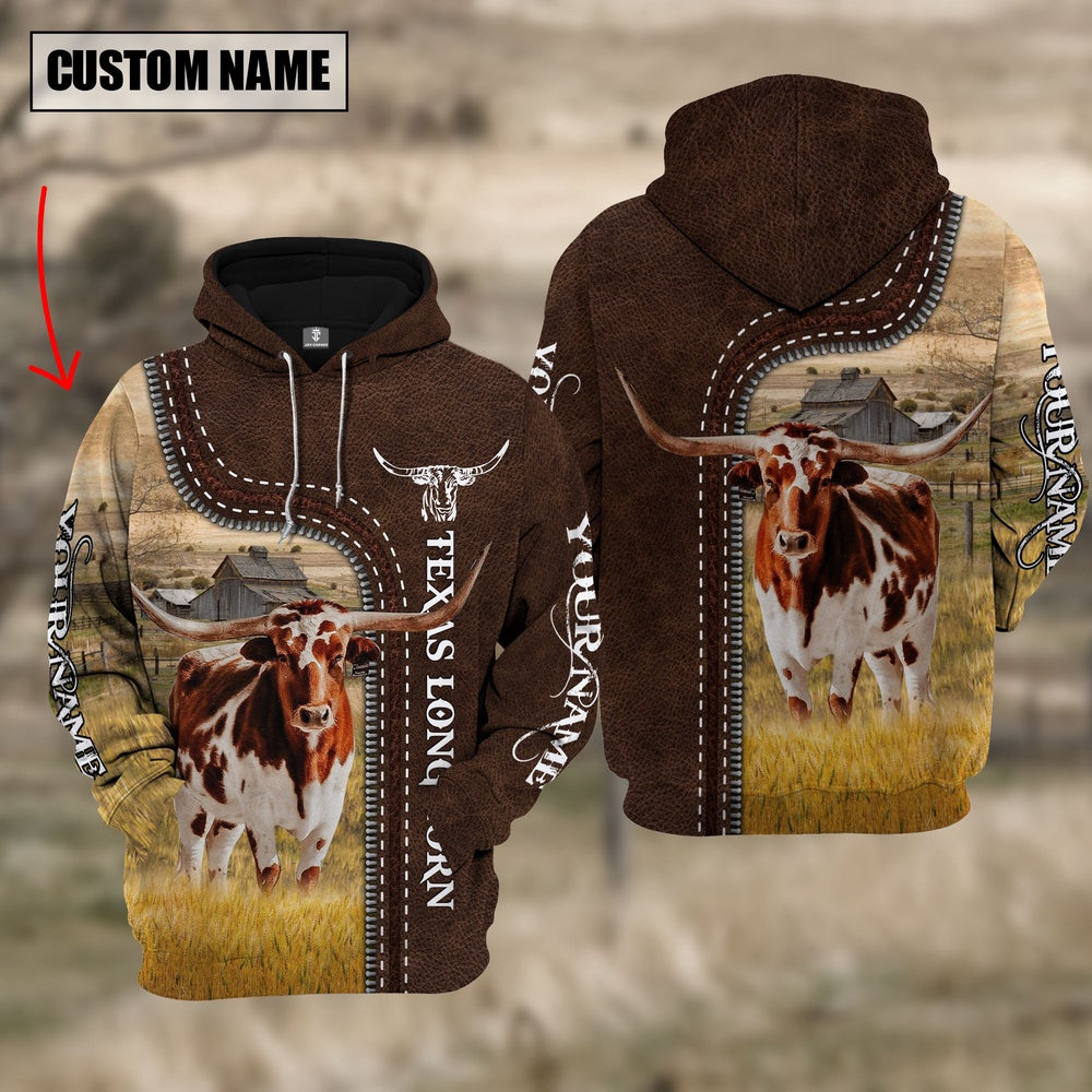 Texas Longhorn Farming Leather Pattern Personalized 3D Hoodie, Farmer Hoodie, Custom Farm Shirts, Farmer T Shirt