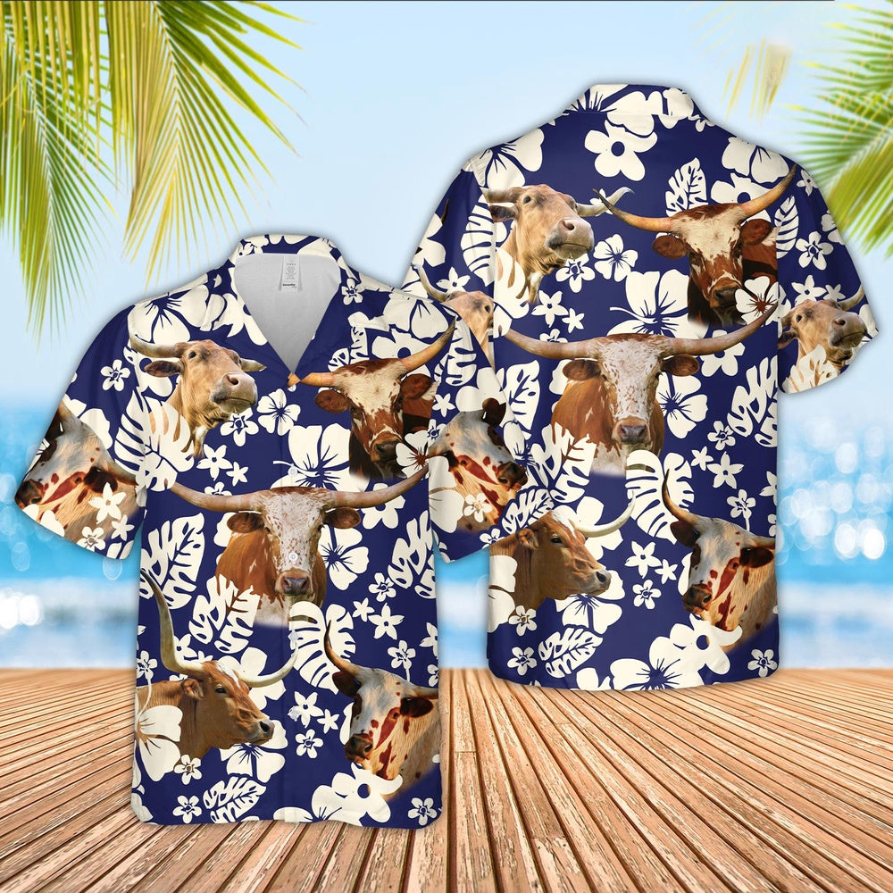 Texas Longhorn Flower Blue Pattern Hawaiian Shirt, Farm Hawaiian Shirt, Farmer Hawaii