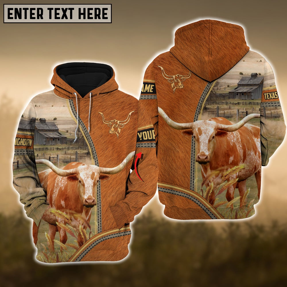 Texas Longhorn Fur And Zipper Pattern Personalized 3D Hoodie, Farmer Hoodie, Custom Farm Shirts, Farmer T Shirt