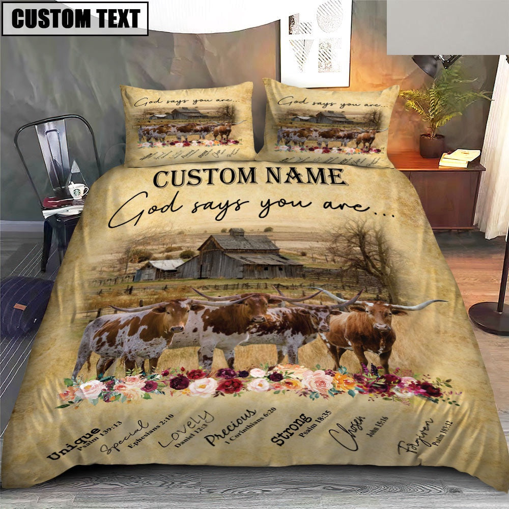 Texas Longhorn God Says You Are Custom Name Bedding Set, Farm Bedding Set, Farmhouse Bedding Set