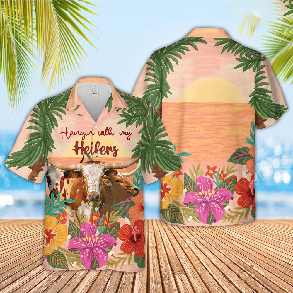 Texas Longhorn Hangin with my Heifers Hawaiian Shirt, Farm Hawaiian Shirt, Farmer Hawaii