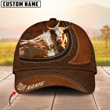 Texas Longhorn Happiness Leather Pattern Art Customized Name Cap, Farmer Cap, Cap For Farmers, Best Farm Hat, Farm Use Hat