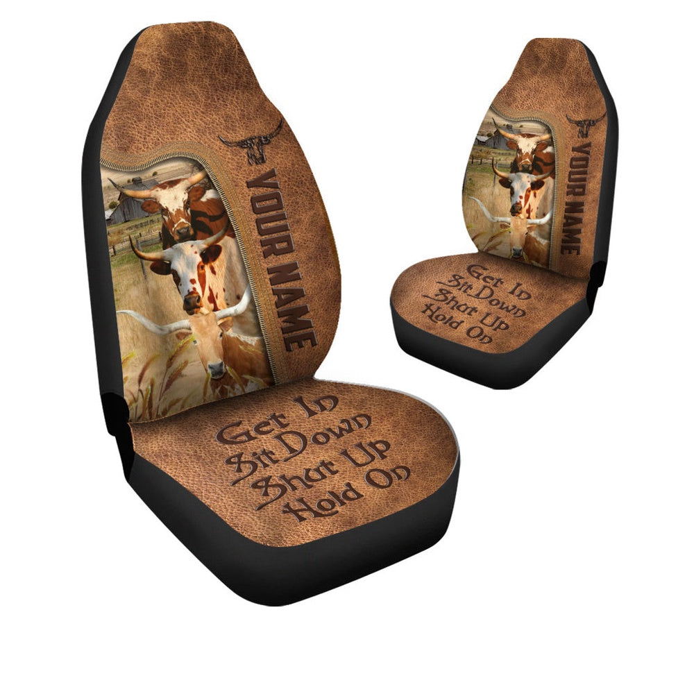 Texas Longhorn Happiness Personalized Name Leather Pattern Car Seat Cover, Car Seat Cover, Farm Car Seat Cover, Pet Seat Covers