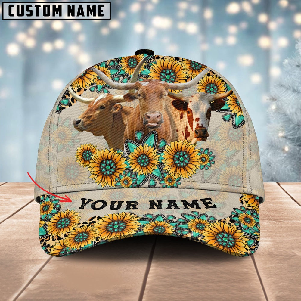 Texas Longhorn Happiness Sun Flowers Pattern Customized 3D Cap, Farmer Cap, Cap For Farmers, Best Farm Hat, Farm Use Hat