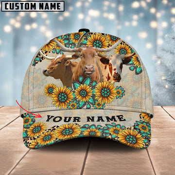 Texas Longhorn Happiness Sun Flowers Pattern Customized 3D Cap, Farmer Cap, Cap For Farmers, Best Farm Hat, Farm Use Hat