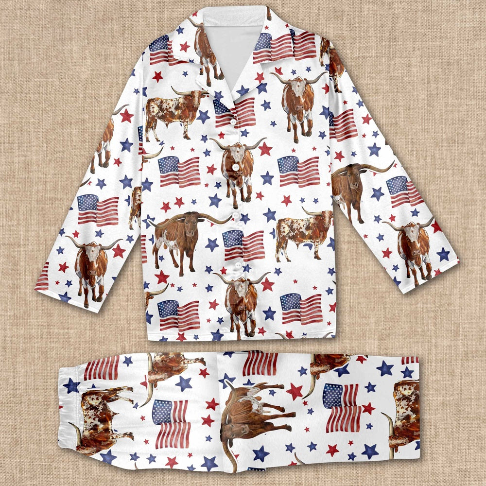 Texas Longhorn Happy Star US Flag Pattern All Over Print Pajamas Sets, Farm Pajamas, Farm Animal Pajamas, Christmas Farm Pajamas