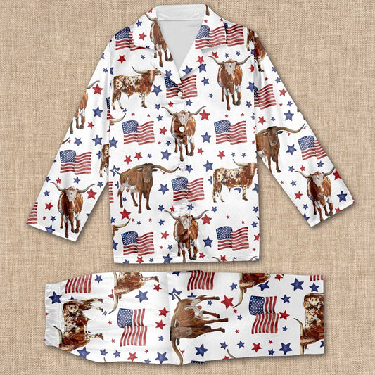 Texas Longhorn Happy Star US Flag Pattern All Over Print Pajamas Sets, Farm Pajamas, Farm Animal Pajamas, Christmas Farm Pajamas