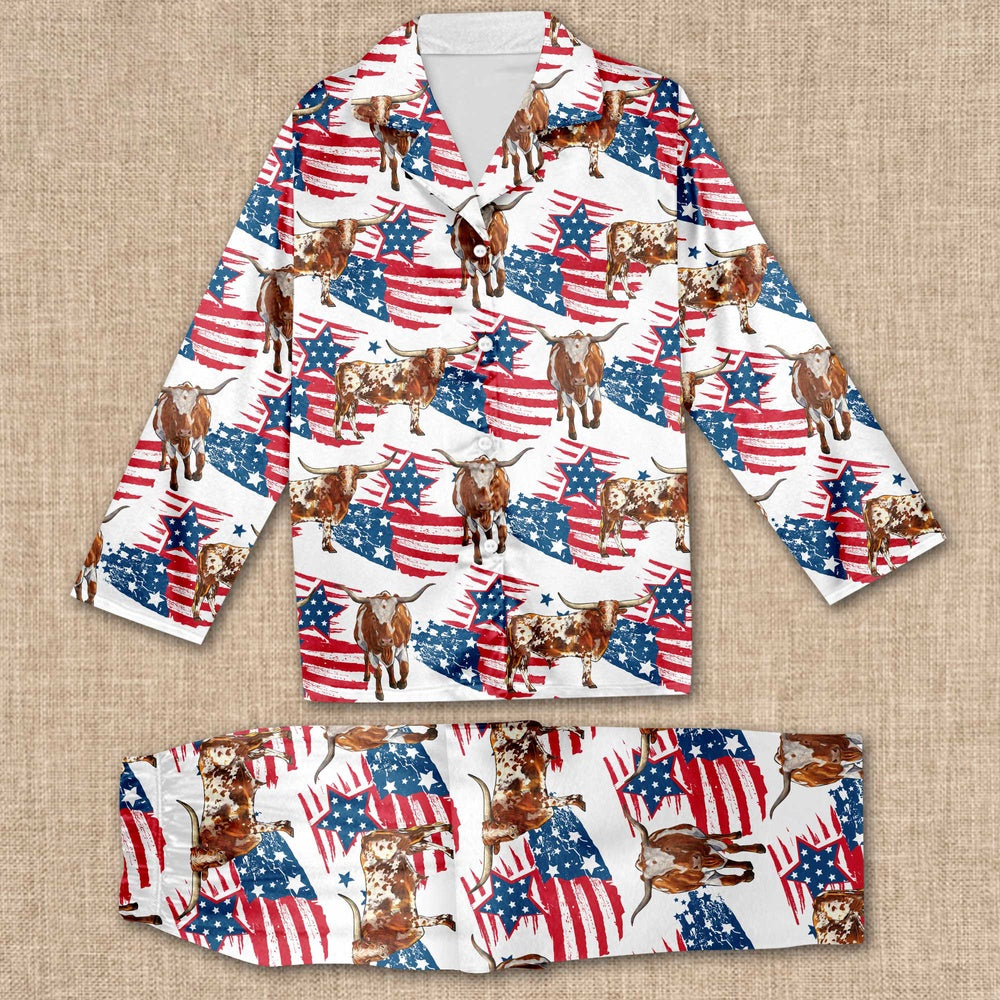 Texas Longhorn Happy US Flag Pattern All Over Print Pajamas Sets, Farm Pajamas, Farm Animal Pajamas, Christmas Farm Pajamas