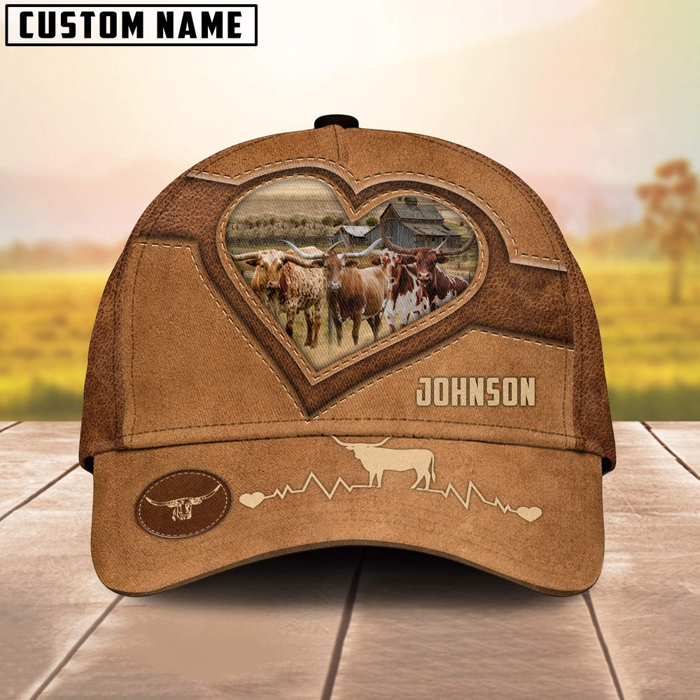 Texas Longhorn Heart Shaped Style Customized Name Cap, Farmer Cap, Cap For Farmers, Best Farm Hat, Farm Use Hat