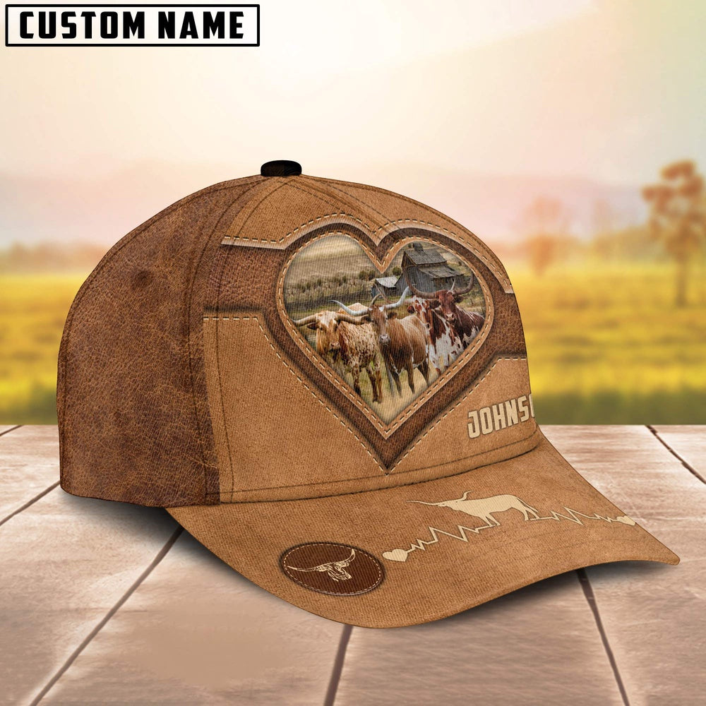 Texas Longhorn Heart Shaped Style Customized Name Cap, Farmer Cap, Cap For Farmers, Best Farm Hat, Farm Use Hat
