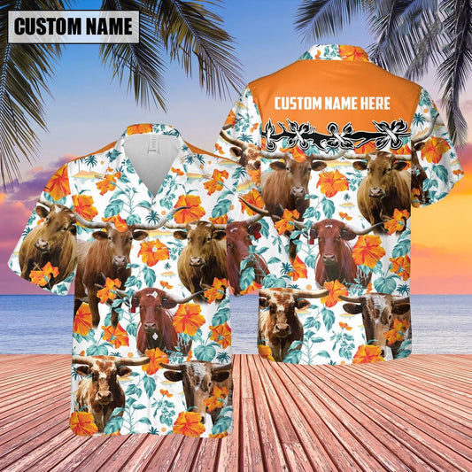 Texas Longhorn Hibiscus Floral Custom Name Hawaiian Shirt, Farm Hawaiian Shirt, Farmer Hawaii