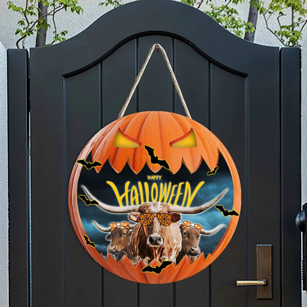 Texas Longhorn In Halloween Decoration Pumkpin Happy Halloween Wooden Sign, Farm Wood Sign, Farm House Wood Signs