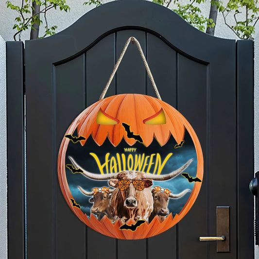 Texas Longhorn In Halloween Decoration Pumkpin Happy Halloween Wooden Sign, Farm Wood Sign, Farm House Wood Signs