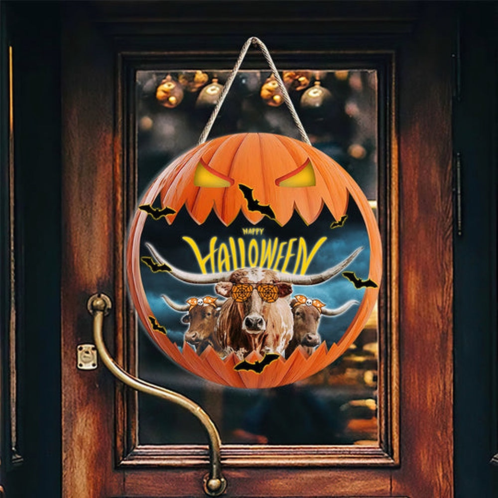 Texas Longhorn In Halloween Decoration Pumkpin Happy Halloween Wooden Sign, Farm Wood Sign, Farm House Wood Signs