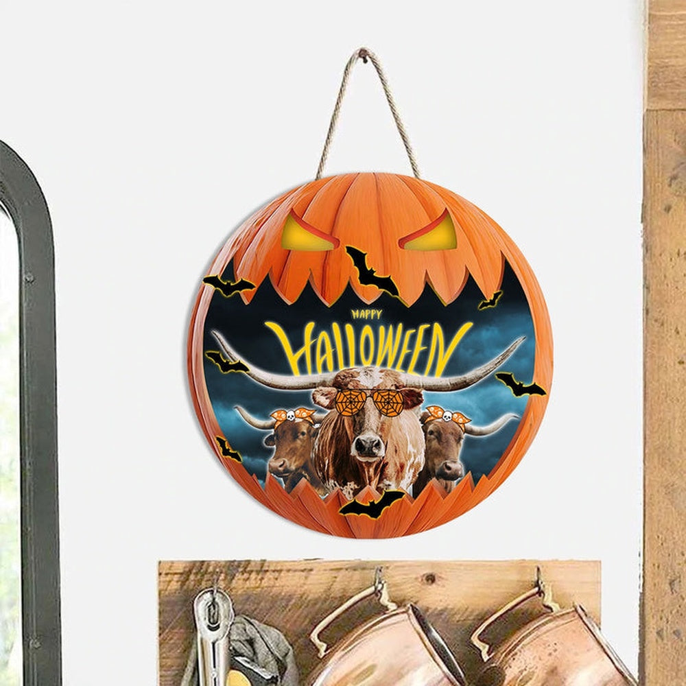 Texas Longhorn In Halloween Decoration Pumkpin Happy Halloween Wooden Sign, Farm Wood Sign, Farm House Wood Signs