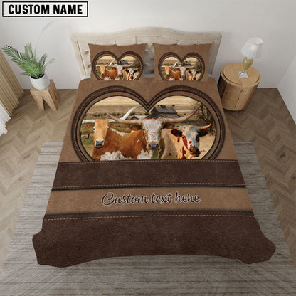 Texas Longhorn In Heart Custom Name Bedding Set, Farm Bedding Set, Farmhouse Bedding Set