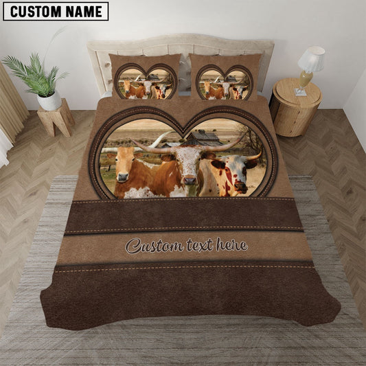Texas Longhorn In Heart Custom Name Bedding Set, Farm Bedding Set, Farmhouse Bedding Set
