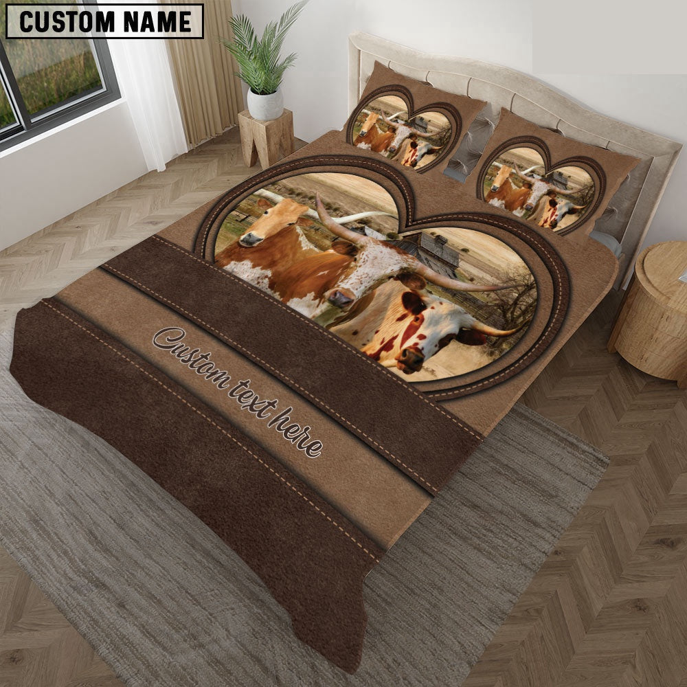 Texas Longhorn In Heart Custom Name Bedding Set, Farm Bedding Set, Farmhouse Bedding Set