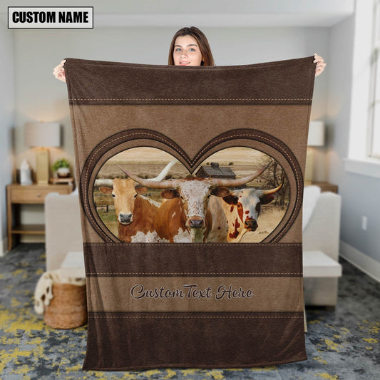 Texas Longhorn In Heart Personalized Name Blanket, Farm Blanket, Farm Animal Blanket