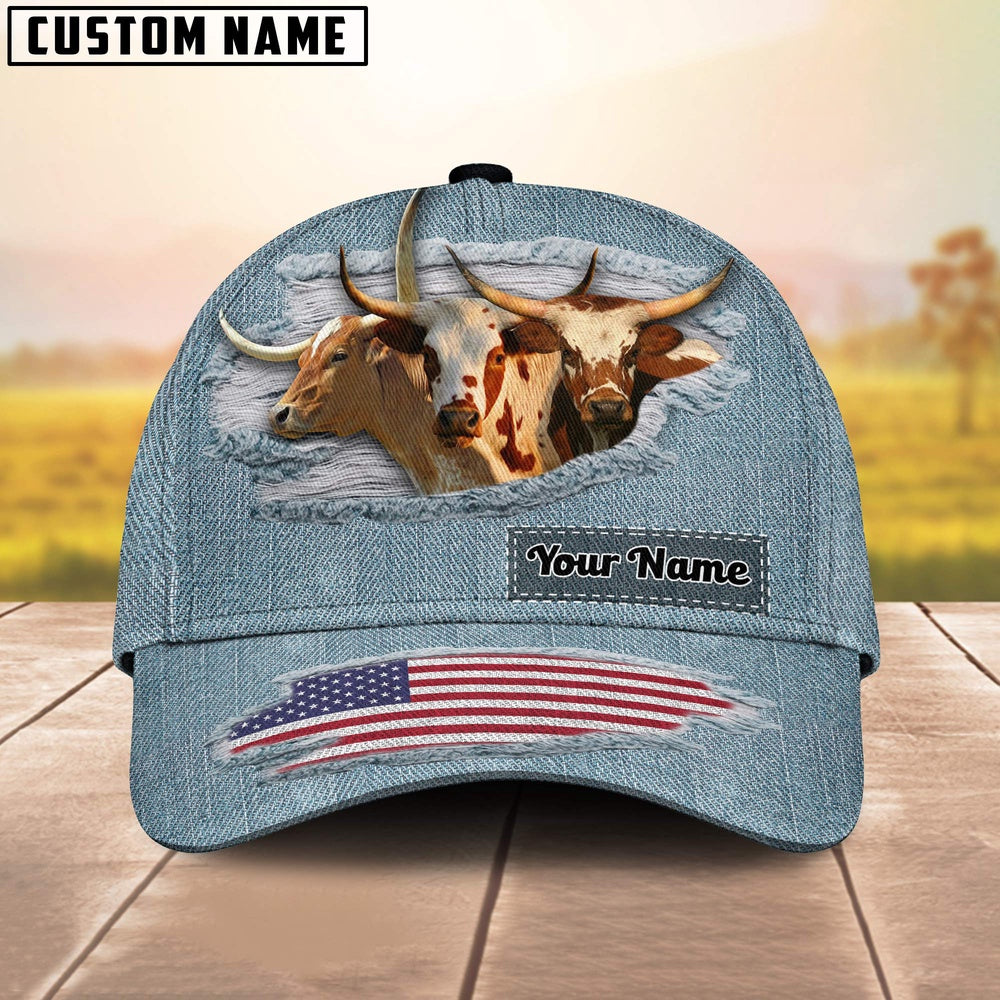 Texas Longhorn Jeans Pattern Customized Name Cap, Farmer Cap, Cap For Farmers, Best Farm Hat, Farm Use Hat