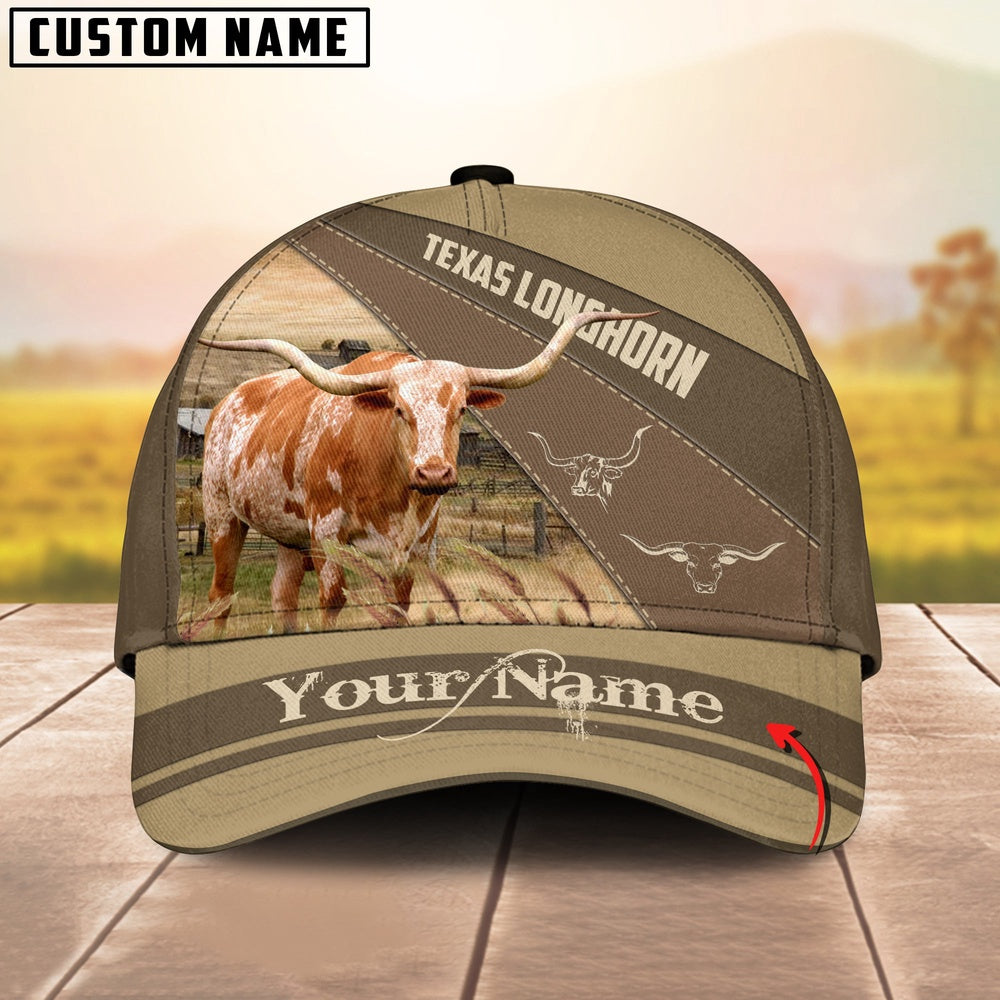 Texas Longhorn Khaki Pattern Customized Name Cap, Farmer Cap, Cap For Farmers, Best Farm Hat, Farm Use Hat