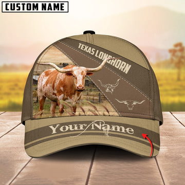 Texas Longhorn Khaki Pattern Customized Name Cap, Farmer Cap, Cap For Farmers, Best Farm Hat, Farm Use Hat