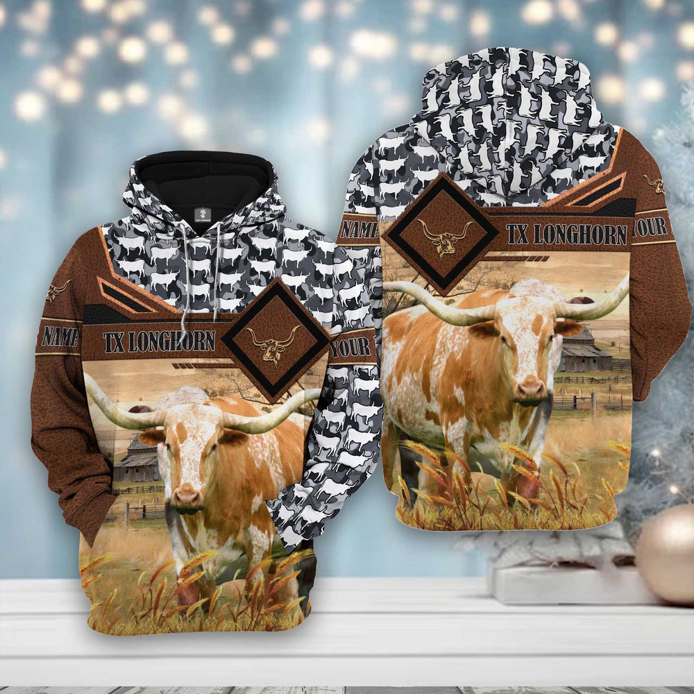 Texas Longhorn Leather Camo Pattern on Farm All Over Printed Hoodie, Farmer Hoodie, Farm Themed Shirts, Farm Tee Shirts