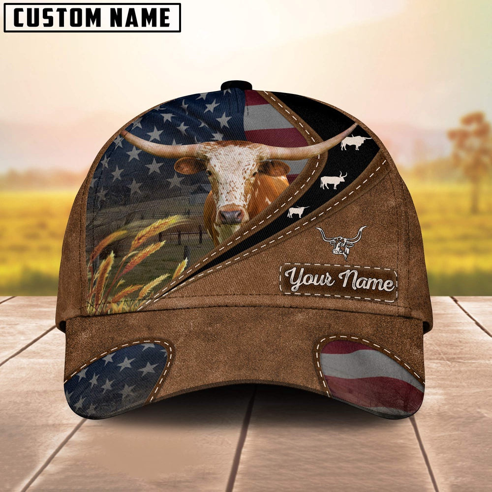 Texas Longhorn Leather Pattern American Customized Name Cap, Farmer Cap, Cap For Farmers, Best Farm Hat, Farm Use Hat
