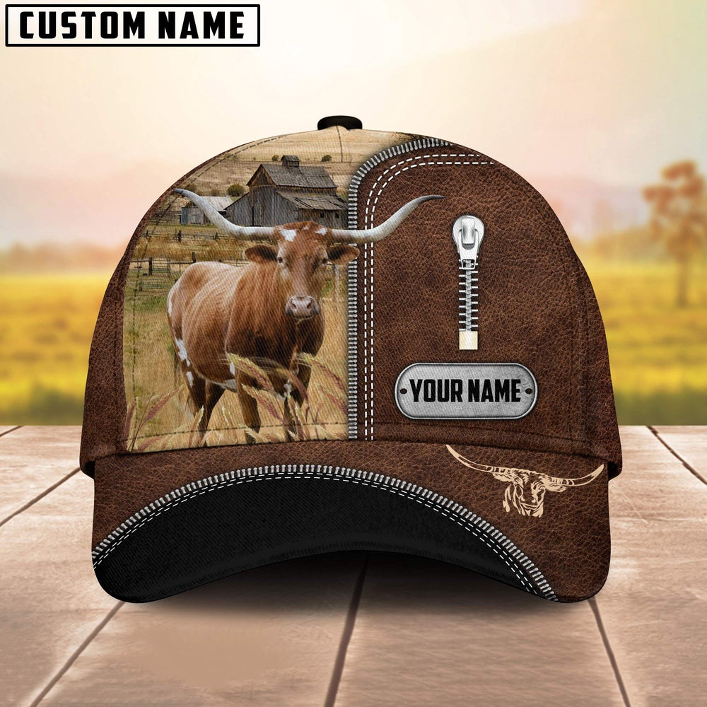 Texas Longhorn Leather Zip Pattern Customized Name Cap, Farmer Cap, Cap For Farmers, Best Farm Hat, Farm Use Hat