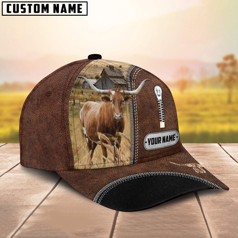 Texas Longhorn Leather Zip Pattern Customized Name Cap, Farmer Cap, Cap For Farmers, Best Farm Hat, Farm Use Hat