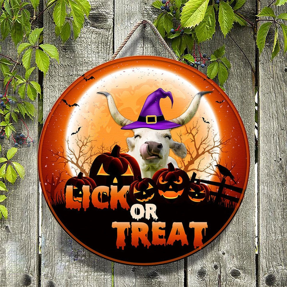 Texas Longhorn Lick Or Treat Happy Halloween Wooden Sign, Farm Wood Sign, Farmhouse Decor Wooden Signs