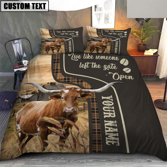 Texas Longhorn Like Someone Left The Gate Open Customized Name Bedding Set, Farm Bedding Set, Farmhouse Bedding Set