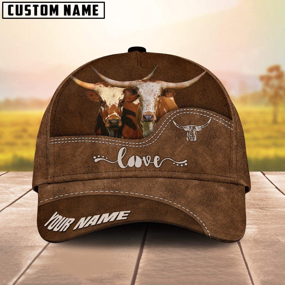 Texas Longhorn Love Leather Pattern Customized Name Cap, Farmer Cap, Cap For Farmers, Best Farm Hat, Farm Use Hat