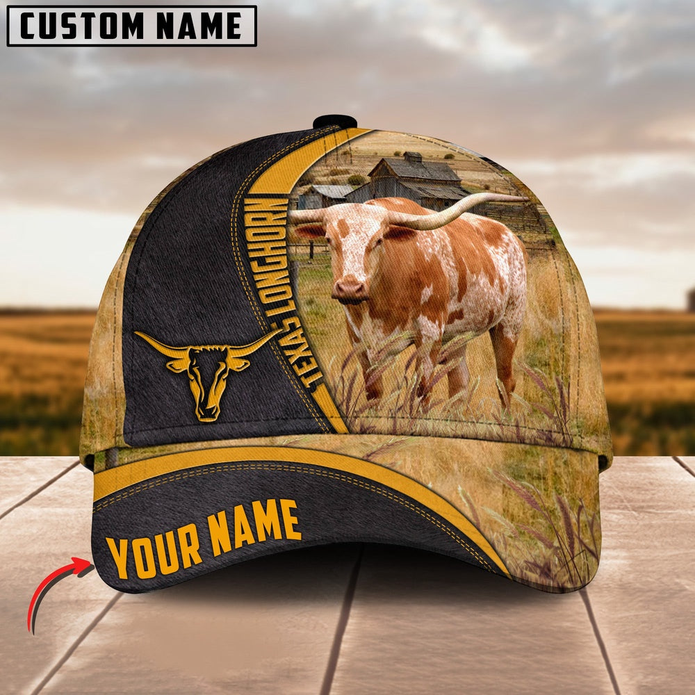 Texas Longhorn On Farm Black Yellow Leather Pattern Customized 3D Cap, Farmer Cap, Cap For Farmers, Best Farm Hat, Farm Use Hat