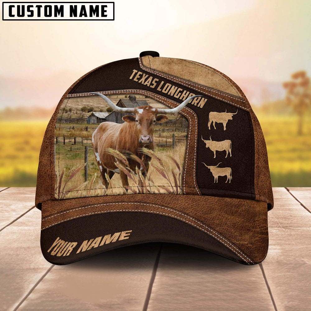Texas Longhorn On Farm Brown Leather Pattern Customized 3D Cap, Farmer Cap, Cap For Farmers, Best Farm Hat, Farm Use Hat