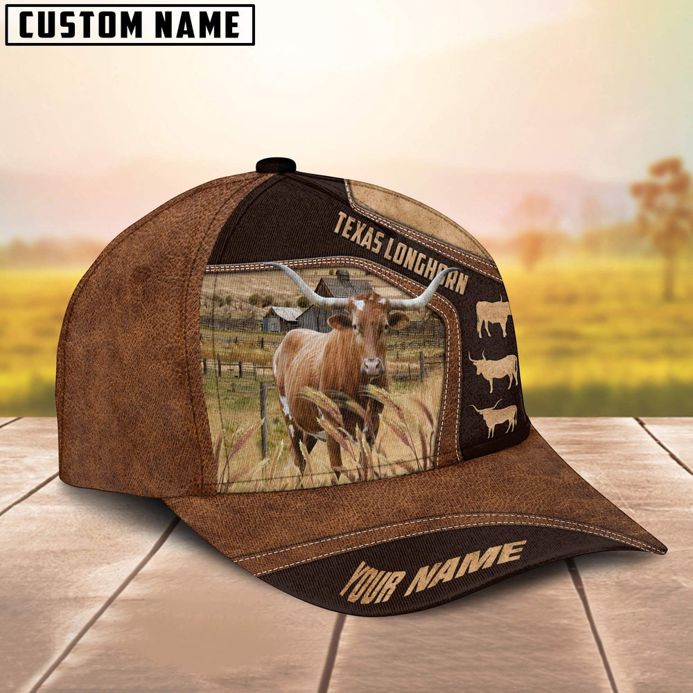 Texas Longhorn On Farm Brown Leather Pattern Customized 3D Cap, Farmer Cap, Cap For Farmers, Best Farm Hat, Farm Use Hat
