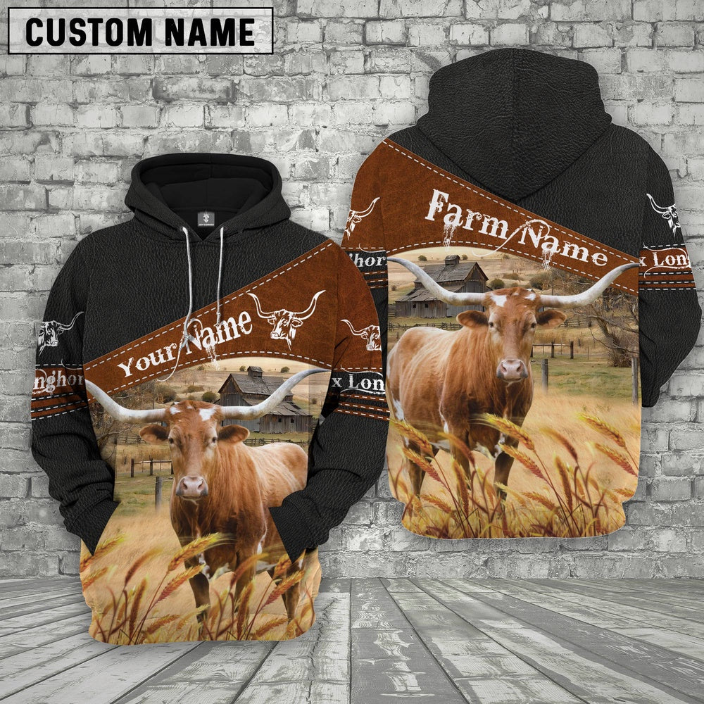 Texas Longhorn On Farms Custom Name Printed 3D Black Hoodie, Farmer Hoodie, Custom Farm Shirts, Farmer T Shirt