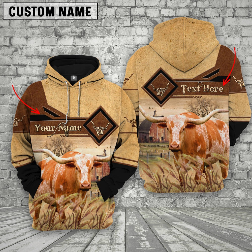 Texas Longhorn On Farms Custom Name Printed 3D Hoodie, Farmer Hoodie, Custom Farm Shirts, Farmer T Shirt