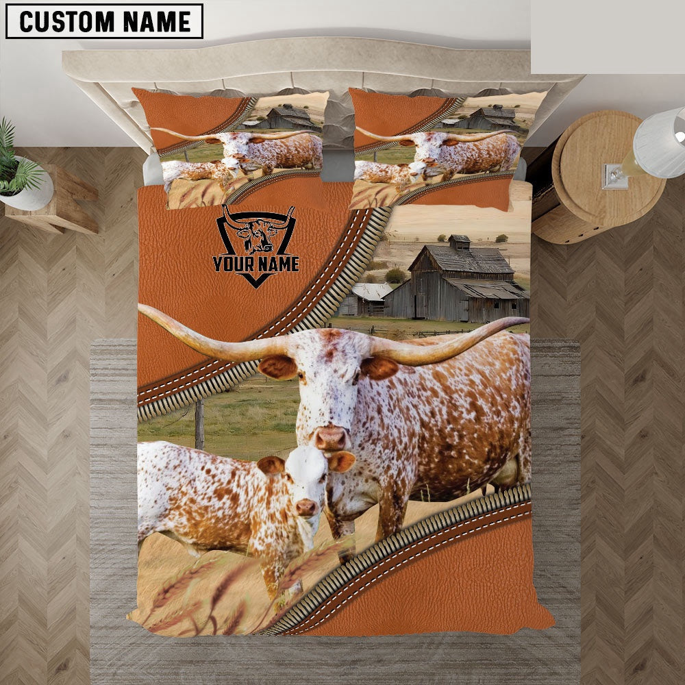 Texas Longhorn On The Farm Customized Name 3D Bedding Set, Farm Bedding Set, Farmhouse Bedding Set