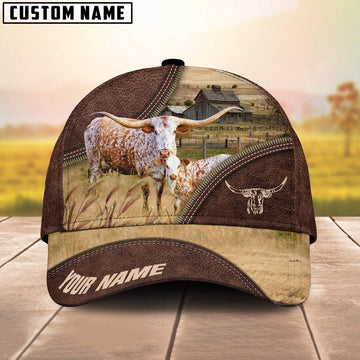 Texas Longhorn On The Farm Customized Name 3D Brown Cap, Farmer Cap, Cap For Farmers, Best Farm Hat, Farm Use Hat