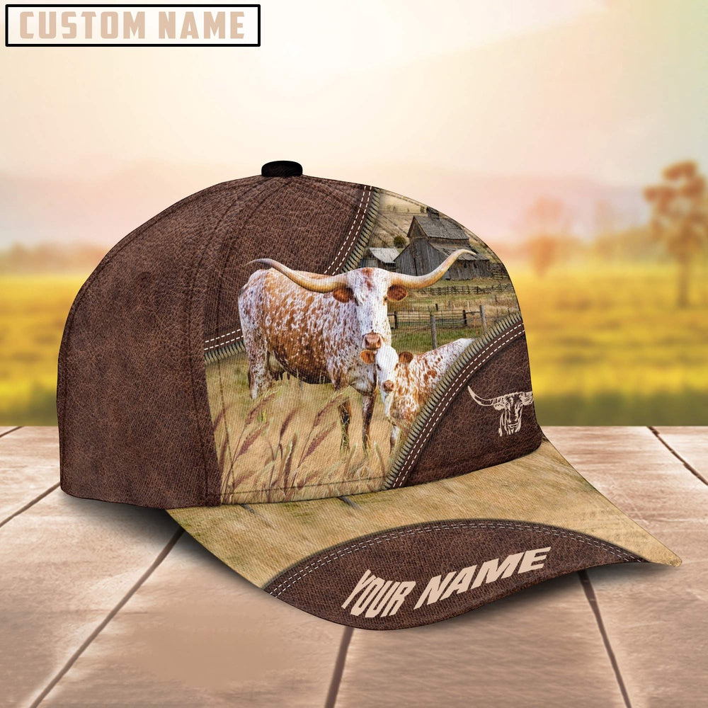 Texas Longhorn On The Farm Customized Name 3D Brown Cap, Farmer Cap, Cap For Farmers, Best Farm Hat, Farm Use Hat