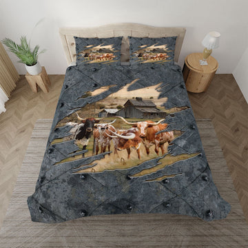 Texas Longhorn On The Farm Customized Name Bedding Set, Farm Bedding Set, Farmhouse Bedding Set