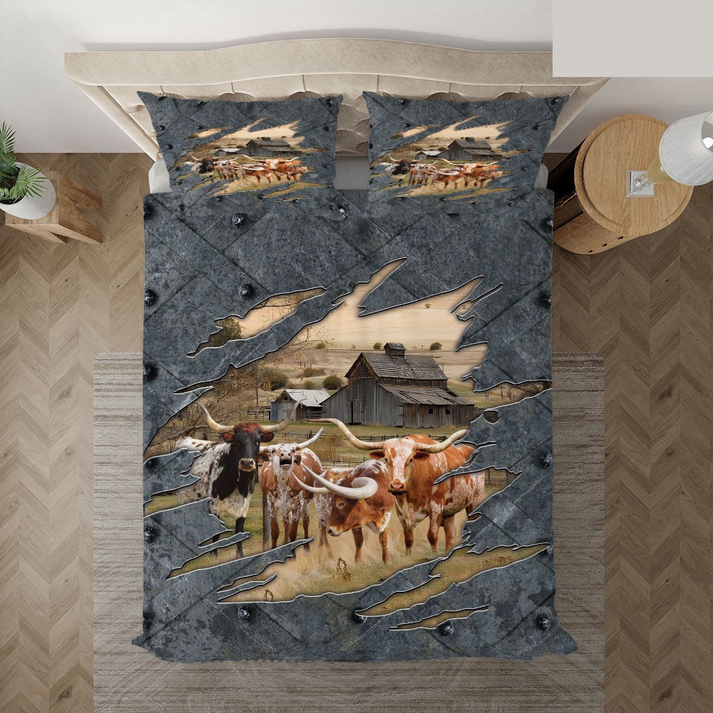 Texas Longhorn On The Farm Customized Name Bedding Set, Farm Bedding Set, Farmhouse Bedding Set