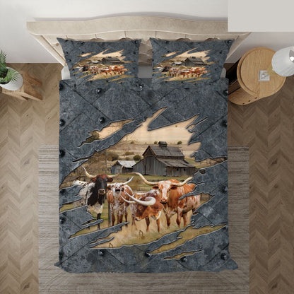 Texas Longhorn On The Farm Customized Name Bedding Set, Farm Bedding Set, Farmhouse Bedding Set